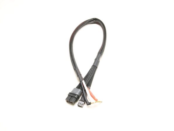 De foto toont een zwarte kabel met verschillende connectoren aan de uiteinden. De kabel is omwikkeld met een zwarte beschermlaag.