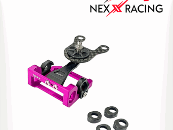 De afbeelding toont een paarse motorbevestiging met een carbon demper en vier zwarte rubberen ringen. Het merklogo 'NEXX RACING' is zichtbaar in de rechterbovenhoek.