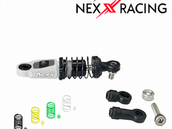 De afbeelding toont een zilverkleurige schokdemper met zwarte veren en diverse andere onderdelen, waaronder verschillende gekleurde veren. Het merk "NEXX RACING" is prominent aanwezig.