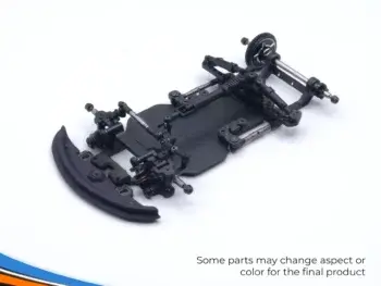 Het product is een zwart chassis van een RC-auto, bestaande uit diverse metalen en plastic onderdelen. Er is een tandwiel zichtbaar aan de rechterkant.