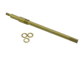 De afbeelding toont een gouden metalen as met schroefdraad aan het ene uiteinde en een zeskantige vorm aan het andere. Er liggen drie kleine gouden ringen naast de as.