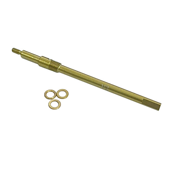 messing verstelpen met ringen De afbeelding toont een gouden metalen as met schroefdraad aan het ene uiteinde en een zeskantige vorm aan het andere. Er liggen drie kleine gouden ringen naast de as.