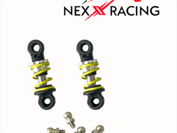 De foto toont twee schokdempers met gele veren en zwarte en zilveren onderdelen, samen met enkele kogels. Het logo van Nexx Racing is zichtbaar in de bovenhoek.
