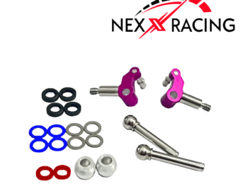 De foto toont een set stuurknokkels in paarse kleur, samen met diverse ringen en kogels. Het merklogo 'NEXX RACING' is prominent aanwezig.