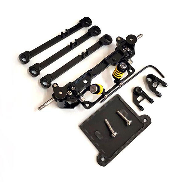 zwarte rc auto onderdelen met veer A foto mostra um conjunto de peças de suspensão pretas para um modelo de carro, com detalhes em amarelo e uma mola amarela. As peças são de metal e parecem ser de alta qualidade.