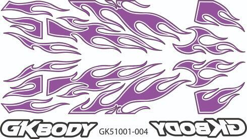 GK51001-004 Das Bild zeigt einen Bogen mit Aufklebern mit violetten Flammenmotiven. Die Aufkleber sind konturgeschnitten und haben einen weißen Rand.