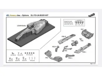 De afbeelding toont een technische tekening van een Lexan body voor een GL Formula One auto. De body is grijs en wordt getoond met verschillende andere onderdelen.