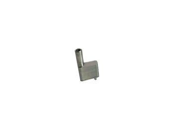 Het product is een zilverkleurige metalen toren, bestaande uit een rechthoekig blok met een verticale cilinder. Het heeft een hoekige vorm.