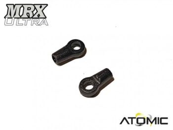 De afbeelding toont twee zwarte stuurstangkoppen met een ronde opening aan het ene uiteinde en een taps toelopende vorm aan het andere. Er is een logo van 'MRX ULTRA' zichtbaar in de linkerbovenhoek en een 'ATOMIC' logo in de rechterbenedenhoek.