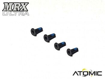 De afbeelding toont vier zwarte schroeven met een hex-aandrijving en een blauwe coating op het schroefdraadgedeelte. Rechtsonder staat het logo van Atomic.