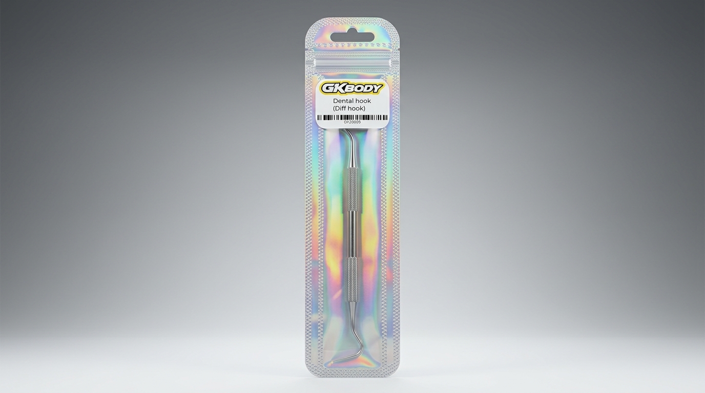 generated-brains-1774375581380-1 GKBODY GK30009 Dental hook (Diff hook) van glimmend metaal, verpakt in een holografische plastic verpakking.