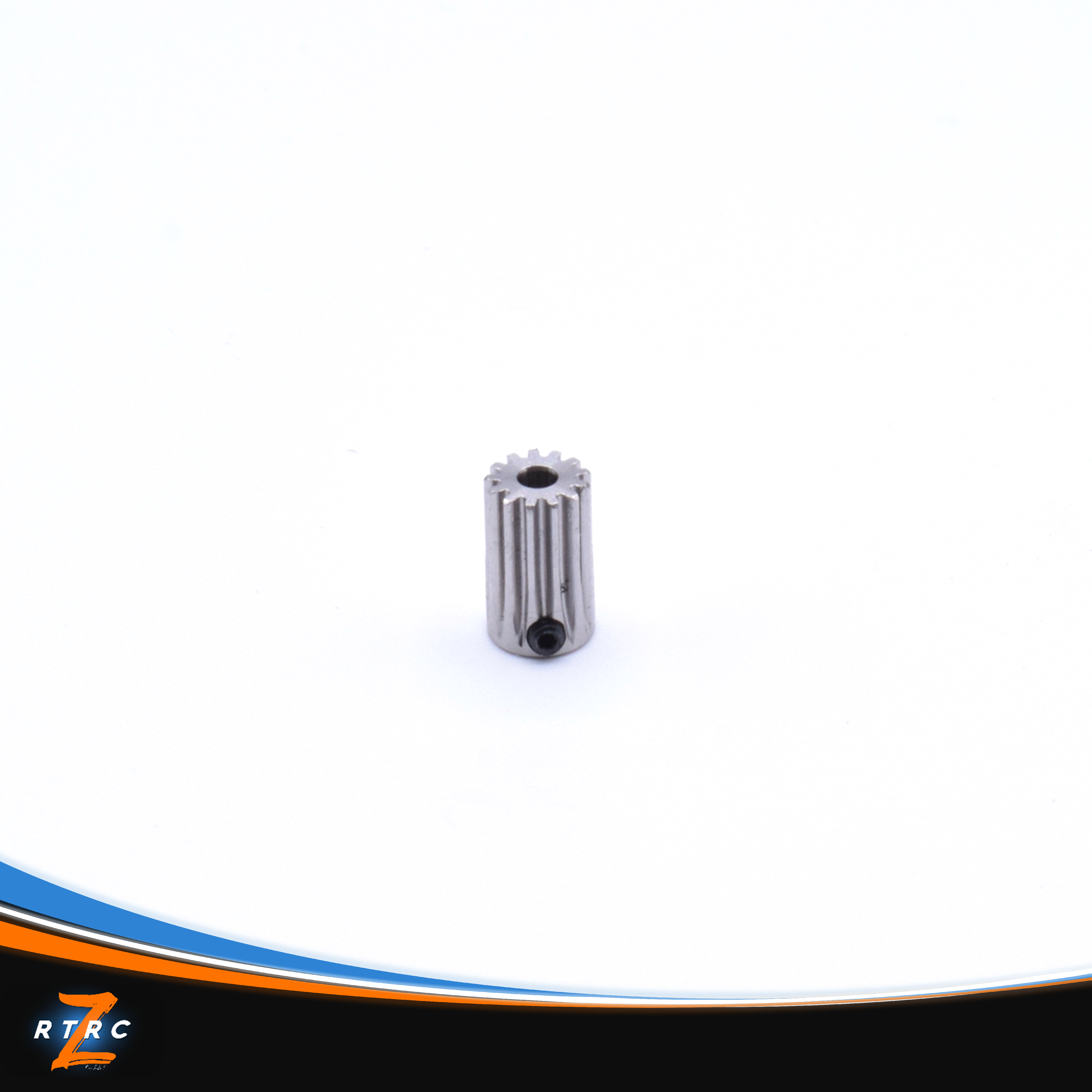 Het product is een klein metalen tandwiel met een grijze, glimmende afwerking. Het heeft een cilindrische vorm met zichtbare groeven aan de zijkant en een schroef aan de onderkant.