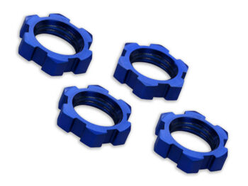 De afbeelding toont vier blauwe wielmoeren met een gekarteld profiel. De moeren hebben een metalen uiterlijk en zijn bedoeld voor RC-auto's.