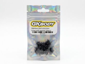 De GKBODY GK10034 Stainless steel m2x5mm screw with washer (20pcs) in een iriserende zak, met zwarte schroeven, frontaal gepr