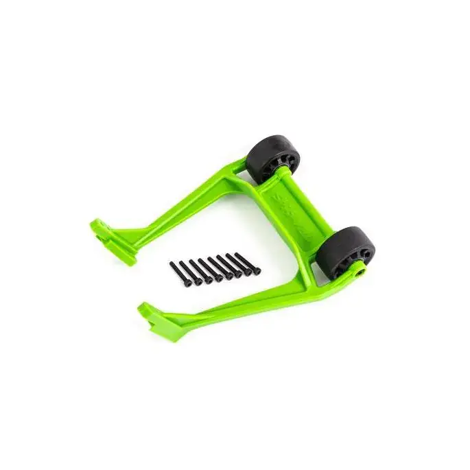groene rc auto standaard met schroeven De afbeelding toont een groene RC-auto stander met twee zwarte wielen en een set schroeven. De stander is gemaakt van kunststof en heeft een opvallend groen kleurenschema.