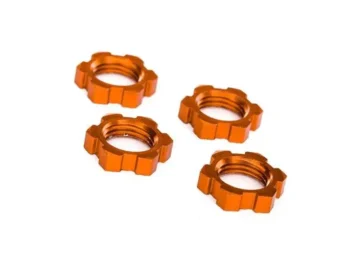 Vier oranje aluminium moeren met kartelrand, waarschijnlijk voor een RC-auto.