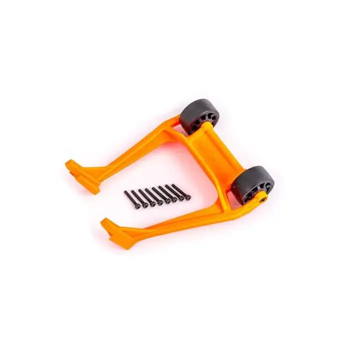 oranje onderstel met wieltjes en schroeven Oranje plastic onderstel met twee zwarte wieltjes en een rij schroeven, geïsoleerd op een witte achtergrond.