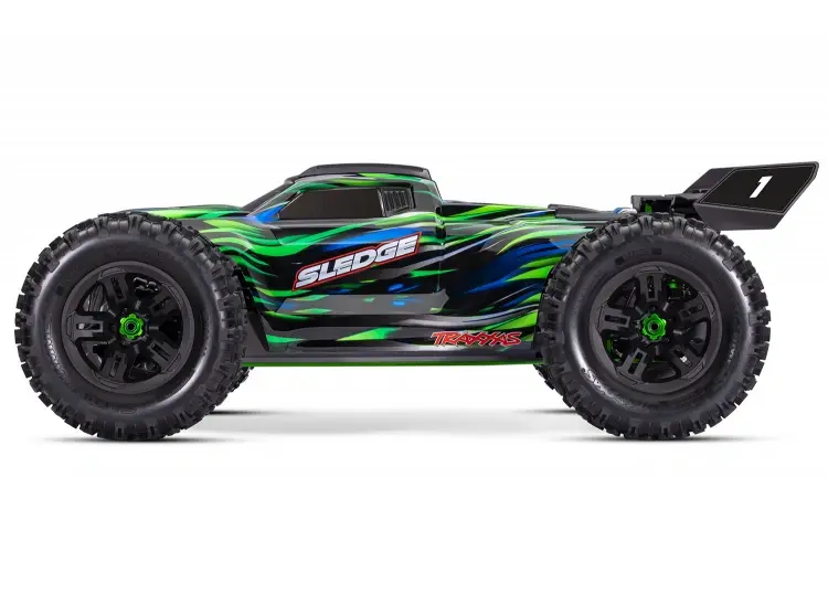 traxxas sledge rc auto groen zwart blauw Traxxas Sledge op afstand bestuurbare auto met groen, zwart en blauw design, grote off-road banden en nummer 1 op de spoiler.