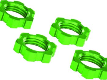 De afbeelding toont vier groene, gekartelde wielmoeren. De moeren zijn gemaakt van metaal en hebben een opvallende, heldere groene kleur.