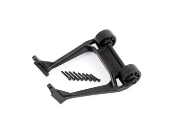 Zwarte Traxxas wheelie bar met bijbehorende schroeven, op een witte achtergrond.