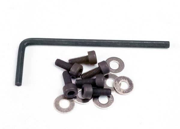 Backplate screws (3x8mm hex cap) (6)/washers (6)/ wrench, TRX1552 Traxxas TRX1552 Backplate screws (3x8mm hex cap) (6)/washers (6)/ wrench, TRX1552 - een set van zes zwar