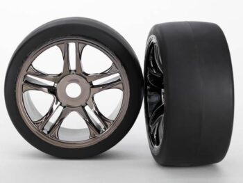 Traxxas TRX6479 Tires & wheels, assembled, glued (split-spoke, black chrome, TRX6479