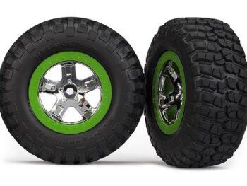 Traxxas TRX6876 Tire & wheel assy, glued (SCT, chrome, green beadlock wheel,, TRX6876 - twee
