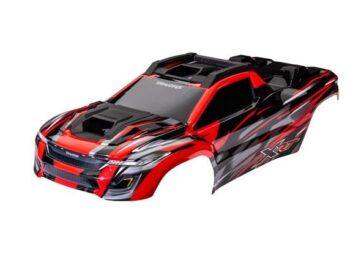 Traxxas TRX7812R Body, XRT, red (painted, decals applied) (assembled with front & rear body supports for clipless mounting, roof & hood skid pads) - een rode en