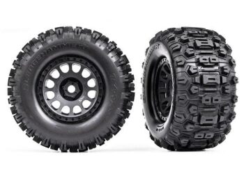 Traxxas TRX7876 Tires & wheels, assembled, glued (XRT Race black wheels, Sledgehammer tires, foam inserts) (left & right) - twee zwar
