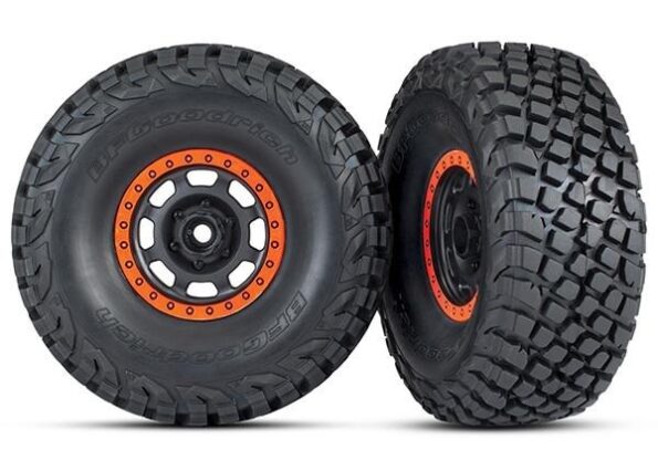 Traxxas TRX8472 Tires and wheels, assembled, glued (Desert Racer wheels, black with orange beadl