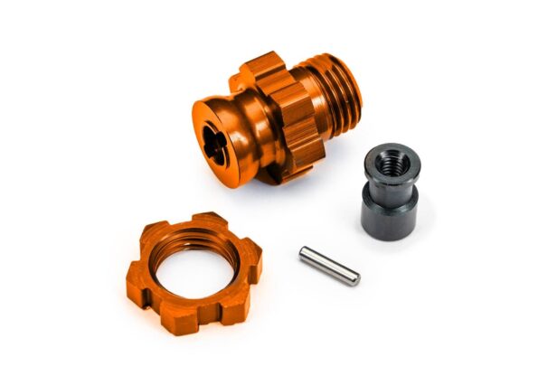 Traxxas TRX9087-ORNG Wheel hub, splined, 17mm, short (orange-anodized) (1)/ wheel nut, splined, 17mm (orange-anodized) (1)/ hub retainer, M4 X 0.7 (1)/ axle pin (1) (for use with #9080 upgrade kit)