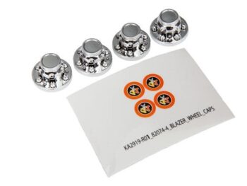 Traxxas TRX8164 Center caps, wheel (chrome) (4)/ decal sheet (requires #8255A extended stub axle, TRX8164 - vier glimm