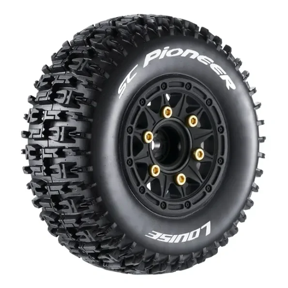 Louise RC LR-T3148SB SC-PIONEER - 1-10 Short Course Tire Set - Mounted - Soft - Black Wheels - Removable 1-10 SC Hex - 12, 14, 17mm
