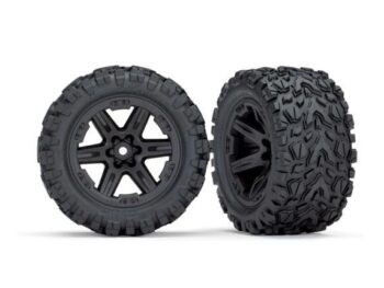 Traxxas TRX6773 Tires & wheels, assembled, glued (2.8') (RXT black wheels, Talon Extreme tires, foam inserts) (4WD electric front/rear, 2WD electric front only) (2) (TSM rated) - twee zwarte