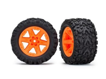 Traxxas TRX6773A Tires & wheels, assembled, glued (2.8') (RXT orange wheels, Talon Extreme tires, foam inserts) (4WD electric front/rear, 2WD electric front only) (2) (TSM rated) - twee