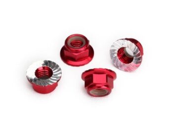 Traxxas TRX8447R Nuts, 5mm flanged nylon locking (aluminum, red-anodized, serrated) (4) - vier
