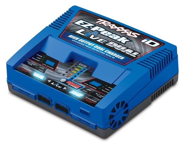 blauwe traxxas ez peak live dual oplader Traxxas TRX2973G-C Traxxas Charger, EZ-Peak Live, Duo charger 200W nimh/LiPo with iD Auto Bat EU COMBO - blauw en donkergri