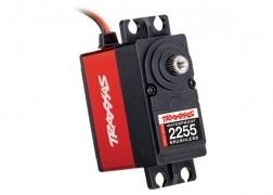 Traxxas 2255 waterproof brushless servo, rood en zwart, met aansluitkabel.