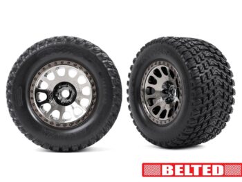 Traxxas TRX7862X Tires & wheels, assembled, glued (XRT Race black chrome wheels, Gravix belted tires, dual profile (4.3' outer, 5.7' inner) foam inserts) (left & right) - twee