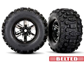 Traxxas TRX7871X Tires & wheels, assembled, glued (X-Maxx black chrome wheels, Sledgehammer belted tires, dual profile (4.3' outer, 5.7' inner), foam inserts) (left & right) - twee robu