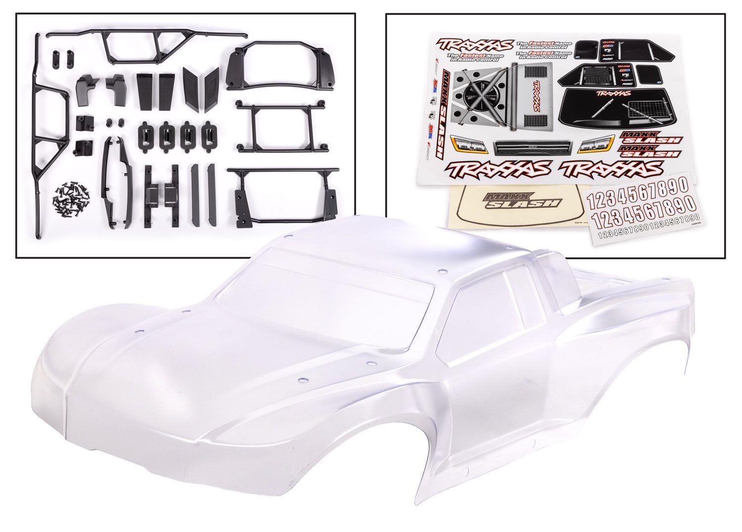 Body, Maxx Slash (clear, requires painting)/ window masks/ decal sheet (includes body support, body plastics, latches, & hardware for clipless mounting) (heavy duty) Traxxas TRX10211R Body, Maxx Slash (clear, requires painting)/ window masks/ decal sheet (includes body support, body plastics, latches, & hardware for clipless mounting) (heavy duty) - een