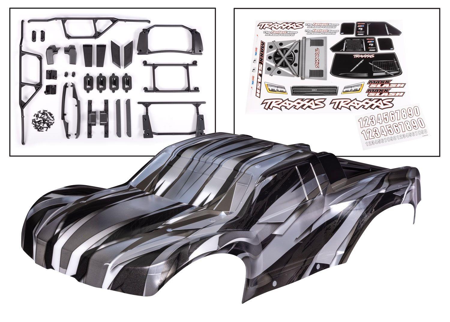 Body, Maxx Slash, ProGraphix (graphics are printed, requires paint & final color application)/ decal sheet (includes body support, body plastics, latches, & hardware for clipless mounting) Traxxas TRX10211X Body, Maxx Slash, ProGraphix (graphics are printed, requires paint & final color application)/ decal sheet (includes body support, body plastics, latches, & hardware for clipless mounting)