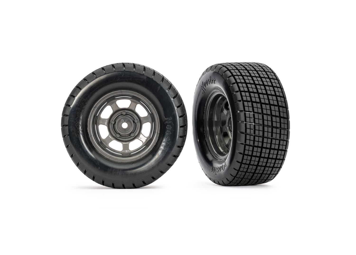Dirt Oval Gray Front Wheels w/ Hoosier Tires (2) Traxxas TRX10473X Dirt Oval Gray Front Wheels w/ Hoosier Tires (2) - twee zwarte RC