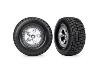Traxxas TRX10476 Tires & wheels, assembled, glued (SCT, satin chrome wheels, beadlock type (dual profile 2.2" outer 3.0" inner, Hoosier tires, foam inserts) (2) (2WD front) - twee zwarte