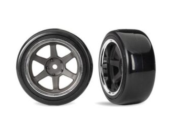 Traxxas TRX10575 Tires & wheels, assembled, glued (six spoke graphite gray wheels,1.9" Drift tires (1 dot, hard, rough surfaces)) (wide, rear) - twee RC-w