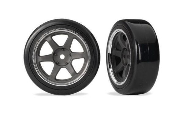 Traxxas TRX10577 Tires & wheels, assembled, glued (six spoke graphite gray wheels,1.9" Drift tires (2 dots, soft, smooth surfaces)) (front)
