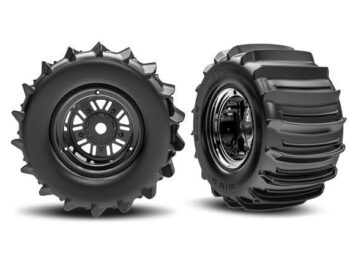 Traxxas TRX10973-BLKC Tires & wheels, assembled, glued (Pro Scale Sand Car Race black chrome wheels, belted paddle tires, dual profile (3.6" outer, 4.7" inner), foam inserts) (rear) (1 left, 1 right) - twee
