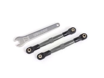 Traxxas TRX2445A Toe links, front (TUBES charcoal gray-anodized, 7075-T6 aluminum, stronger than titanium) (2) (assembled with rod ends and hollow balls)/ aluminum wrench (1) (fits Drag Slash) - twee gri