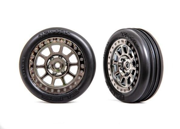 Traxxas TRX2471T Tires & wheels, assembled (2.2' black chrome wheels, Alias ribbed 2.2' tires) (2) (Bandit front, medium compound w/ foam inserts)