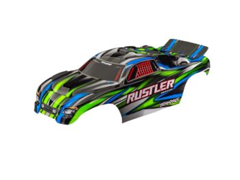 Traxxas TRX3721-GRN Body, Rustler (also fits Rustler VXL), green (painted, decals applied) (assembled with front & rear body mounts for clipless mounting) - een RC